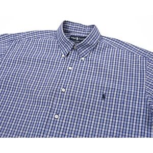 VTG Polo Ralph Lauren Shirt Men's Large Blue Plaid Check Button Down S/S Preppy